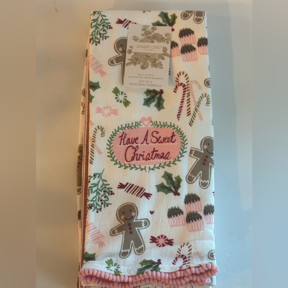 Gingerbread Shabby Chick Set of 3 kitchen towels Have A Sweet Christmas - Picture 2 of 4